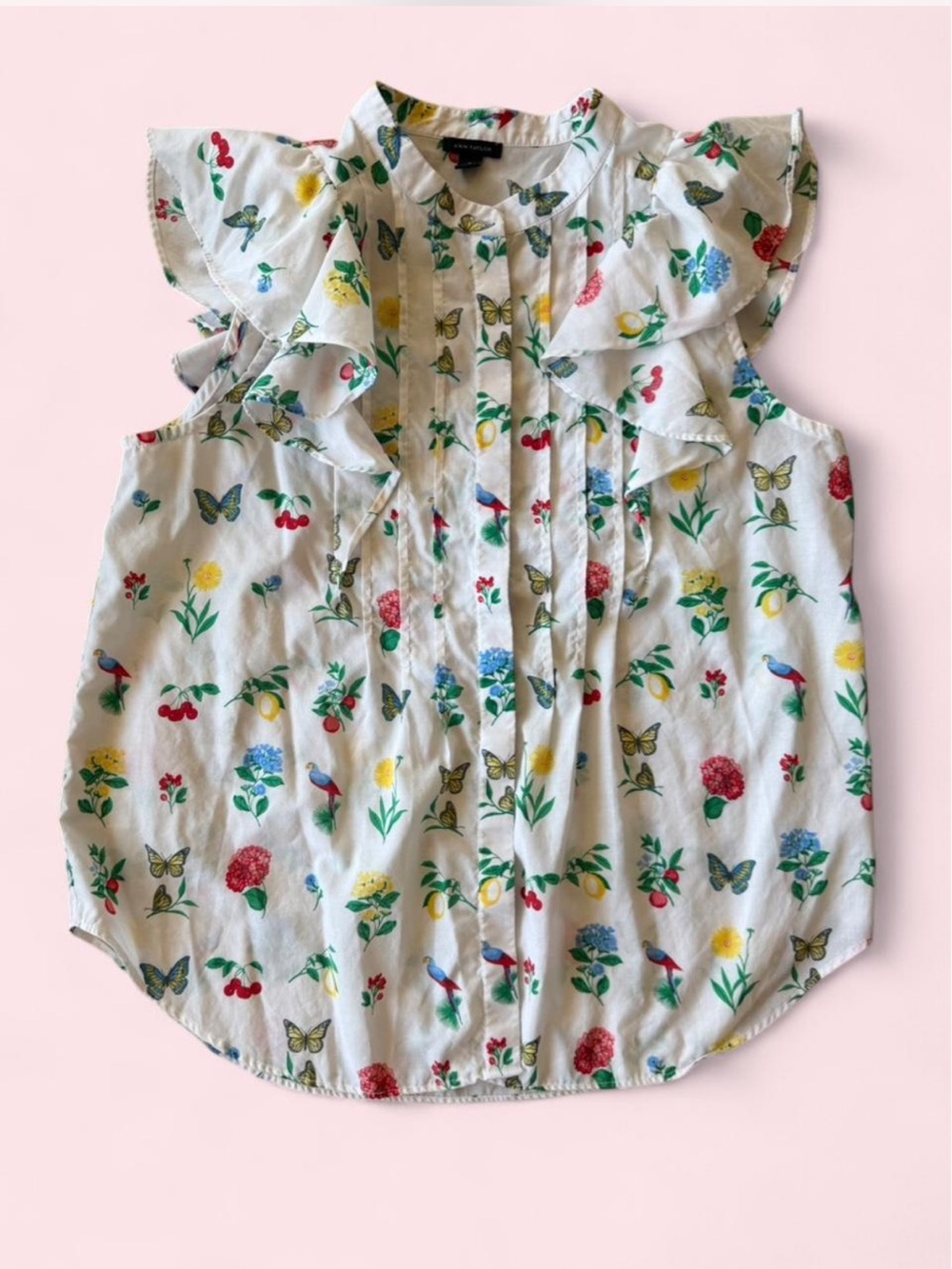Ann Taylor White Floral & Butterfly Flutter Ruffle-Sleeve Summer Fairy Blouse - Picture 4 of 6